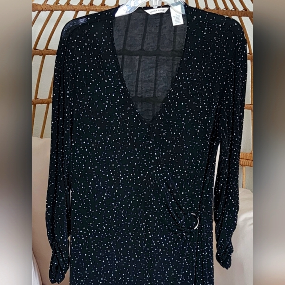 Laura Ashley Black White Polka Dot Wrap Dress Stretch Pull Over Size L